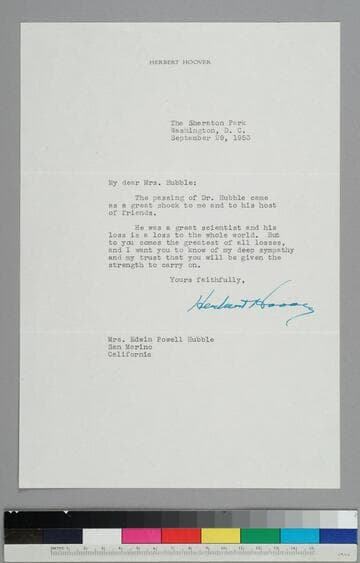 Herbert Hoover, former President of the United States and Trustee of the Huntington Library, writes to Grace Hubble