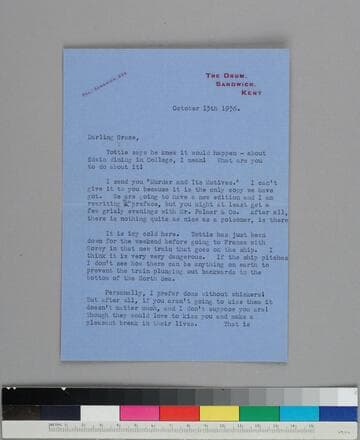 Writer Fryniwyd Tennyson (Jesse) Harwood writes to her friend GBH