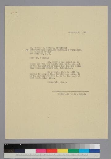 Secretary Alice Beach writes to Thomas Watson