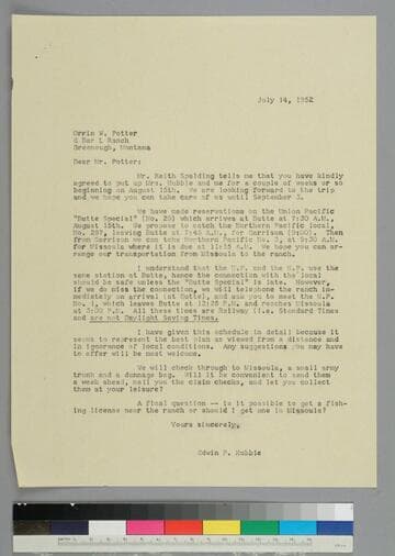 EPH writes to Orrin Potter of the E Bar L Ranch