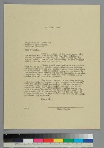 EPH writes to astronomer Joel Stebbins