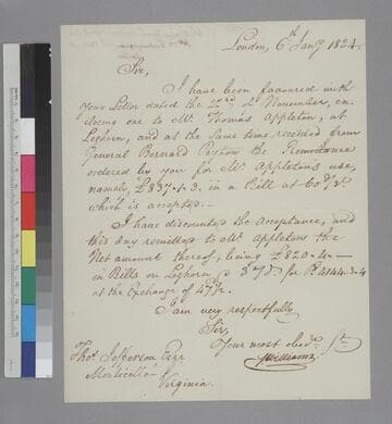 Samuel Williams, London, letter to Thomas Jefferson, Monticello