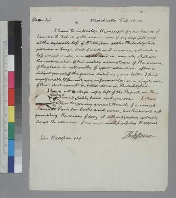 Thomas Jefferson, Monticello, letter to John Vaughan
