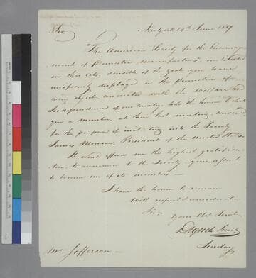 Dominick Lynch, American Society for the Encouragement of Domestic Manufactures, New York, letter to Thomas Jefferson