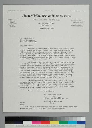 Martin Matheson, Advertising and Sales Manager, John Wiley & Sons, Inc., writes to EPH