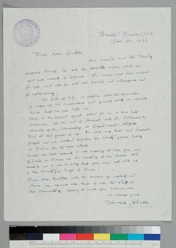 Italian astrophysicist Abetti Giorgio sends his condolences to GBH