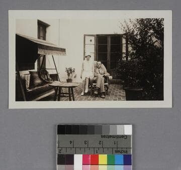 Grace Burke Hubble and Edwin Powell Hubble on the patio at their home in San Marino, California