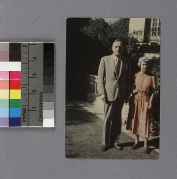 Edwin Powell Hubble and Grace Burke Hubble standing outside their home in San Marino, California