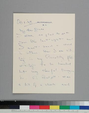 Writer Hugh Walpole, writes to GBH, staying in his Picadilly flat waiting for air raids