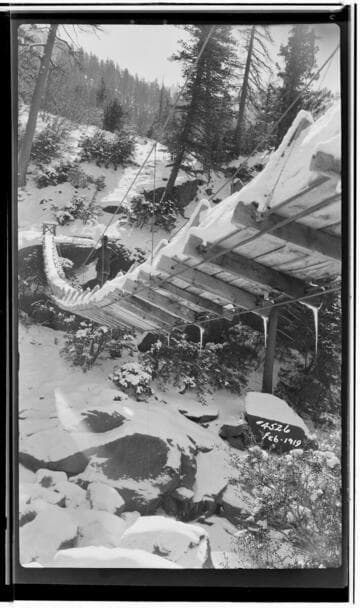 Suspension bridge carrying pressure regulator pipes for Big Creek powerhouse #1