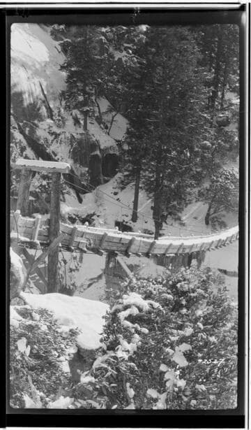 Suspension bridge carrying pressure regulator pipes for Big Creek powerhouse #1