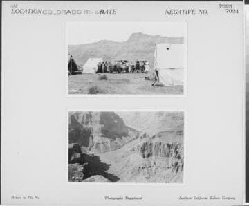 Colorado River - Survey party standing by touring cars in tent camp