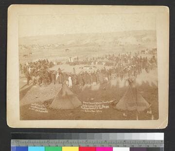 Grand Council between Friendly and Hostile Indian Chiefs at Pine Ridge Agency, S.D. Jan. 17, 1891. Chief Kicking Bear talking