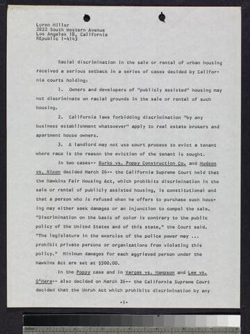 Article by Loren Miller beginning "Racial discrimination in the sale"