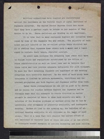 Untitled speech by Loren Miller re: Japanese Americans returning to Los Angeles