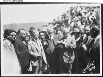 Harry Chandler and President Obregon and others celebrating the final leg of the Southern Pacific de Mexico railroad