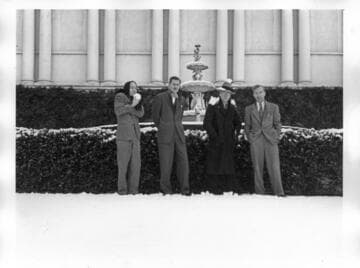 Huntington employees in front of the library building after snowfall, January 11, 1949