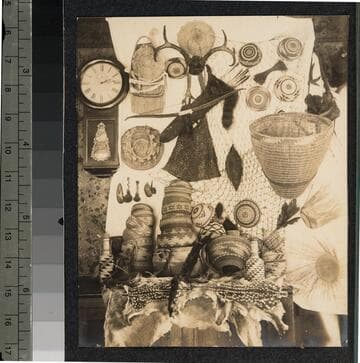Baskets, bow, arrows, antlers, animal hides and other items on display, Golden Gate Park Museum