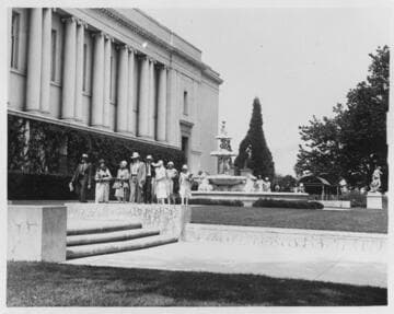 Library building with visitors, circa 1930