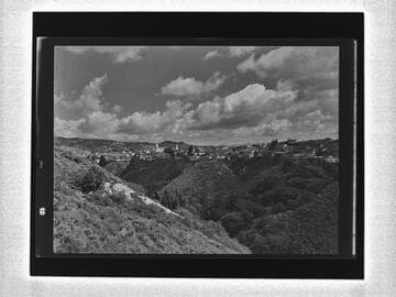 View of hills, canyon and houses, Pacific Palisades