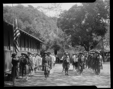 Girl Scout troop standing in formation, Santa Monica Girl Scout camp