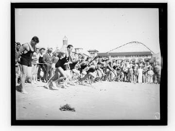 Athletes in a foot race on the beach, Santa Monica