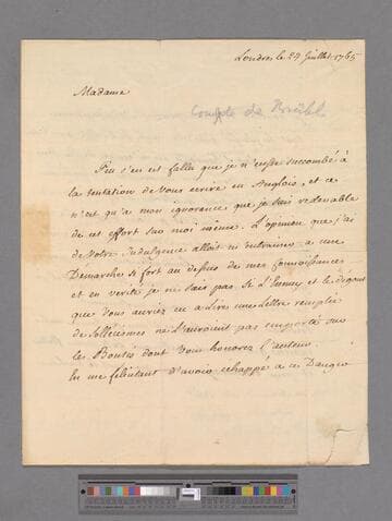 Bruhl, Hans Moritz, Count von. Letter to Elizabeth (Robinson) Montagu