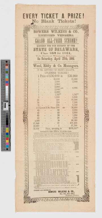 Every ticket a prize! No blank tickets! ... : lottery for the benefit of the state of Delaware, class 252 for 1861