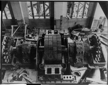 This view of Unit #1 in Powerhouse #1 shows how each generator was flanked by two Pelton waterwheels