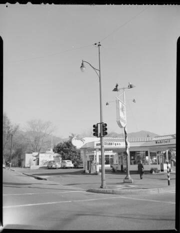 Street light and signal on corner at Mobil service station (Baldwin Ave. & Duarte Rd