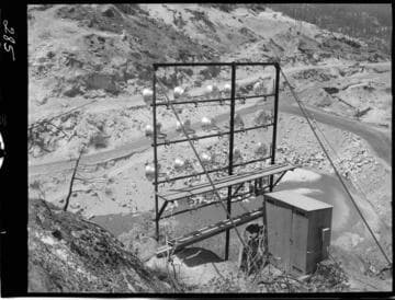 Big Creek - Mammoth Pool - View of incoming haul roads and cofferdam looking at east abutment