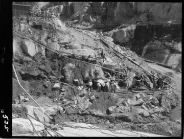 Big Creek - Mammoth Pool - Upstream slope showing haul road entrance to cutoff trench