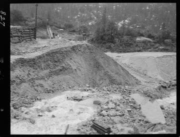 Big Creek - Mammoth Pool - Tunnel muck pile at Shakeflat, showing washed out portion after storm