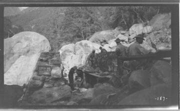 A construction crew working on the Marble Fork sand basin at Kaweah #3 Hydro Plant