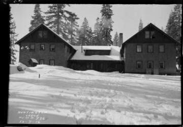 Rear view of the Huntington Lodge at Huntington Lake in the snow