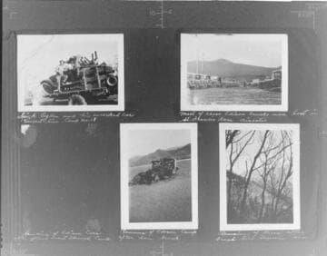 Spick Oden & his wrecked car, Vincent line Camp #18. ; Most of these Edison trucks were lost in the Saint Francis Dam disaster. ; Remains of Edison Camp after dam break. ; Remains of trees after brush fire in Tujunga Canyon