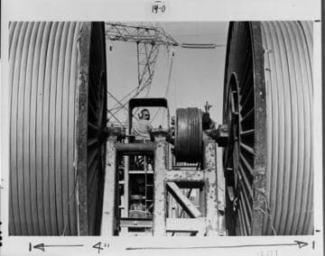 The big "bull wheel" tensioning devices for 500kV transmission line construction were much larger than their 220kV ancestors used in the building of the Hoover Dam lines