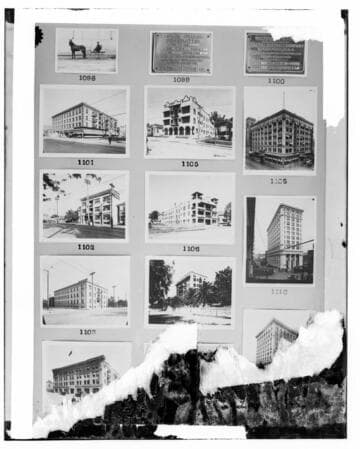 This is a multi-image negative that depicts horse & buggy, Mill Creek 1 nameplates, apartments and commercial buildings. Undamaged images included on the plate are copies of original negatives: 02 - 01098; 02