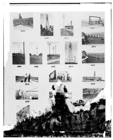 This is a multi-image negative that depicts transmission line, garage, and substation construction. Undamaged images included on the plate are copies of original negatives: 02 - 01223; 02
