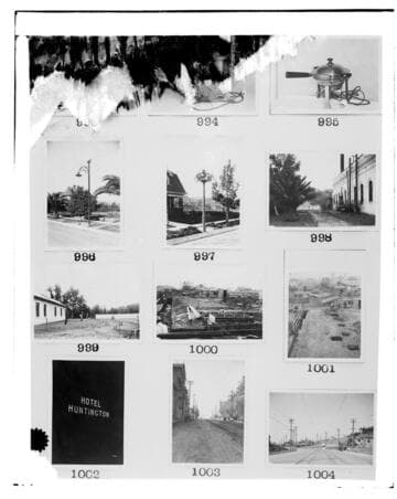This is a multi-image negative that depicts electric signage, appliances, street lighting, construction, and joint pole construction. Undamaged images included on the plate are copies of original negatives: 02 - 00995; 02