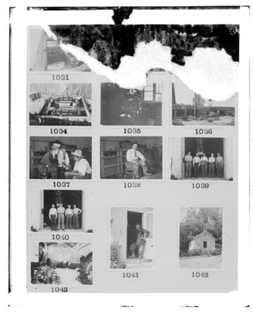 This is a multi-image negative that depicts tower tests, night cityscapes, insulator company, Kern River 1 buildings and group shots. Undamaged images included on the plate are copies of original negatives: 02 - 01034; 02