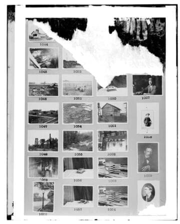 This is a multi-image negative that depicts pumping plants, street lighting, line construction, wire theft, L. A. Office construction, electric appliances and portraits. Undamaged images included on the plate are copies of original negatives: 02 - 01045; 02