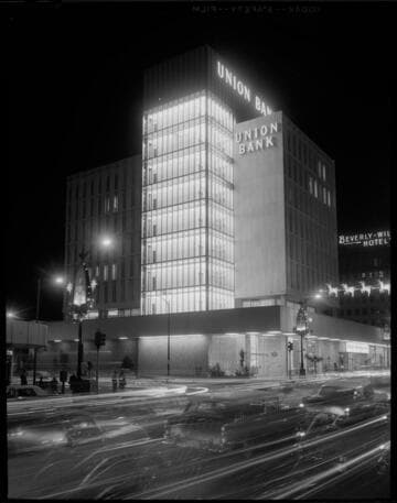 Union Bank building with Beverly Wilshire Hotel in background
