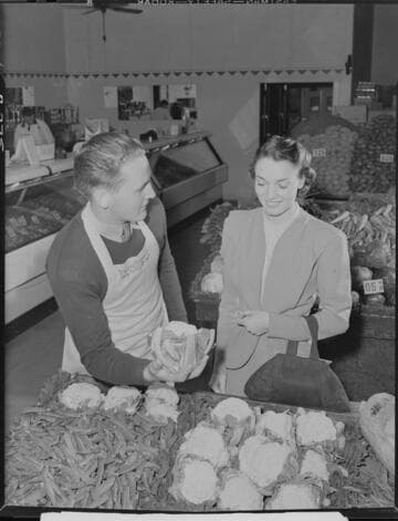 Lois Erwin and grocery clerk for Sunset ad