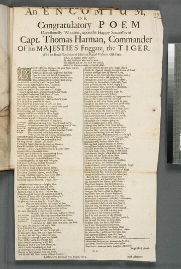 An encomium, or congratulatory poem occasionally written, upon the happy successes of Capt. Thomas Harman, commander of his Majestie's friggate, the Tiger. With an exact relation of his late signal victory off Cadis