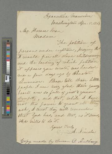 Abraham Lincoln, Washington, D.C., letter to Mary Tyler Peabody Mann