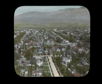 Aerial view looking north toward the mountains, Pasadena
