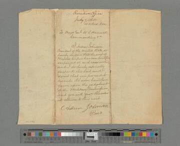 Andrew Johnson declaration to Winfield Scott Hancock