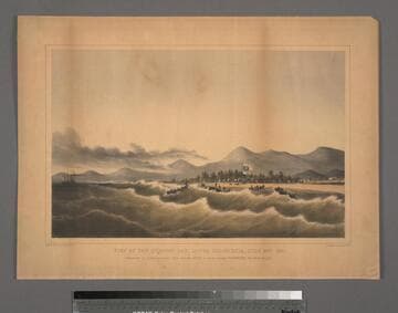 View at San Quentin Bay, Lower California, July 20th 1851 : embarkation of wrecked passengers from steamship UNION, on board steamship NORTHERNER, Capt. Henry Randall