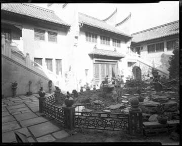 View of courtyard garden and Chinese-style architecture of Grace Nicholson's Treasure House